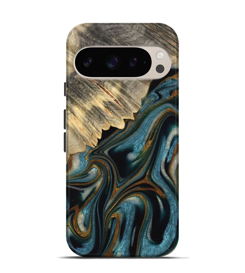 Pixel 9 Wood Live Edge Phone Case - Colette (Teal & Gold, 732363)