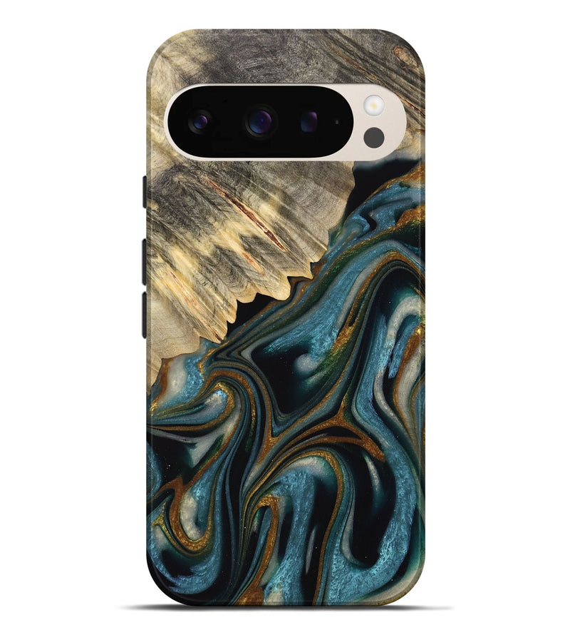 Pixel 9 Pro XL Wood Live Edge Phone Case - Colette (Teal & Gold, 732363)