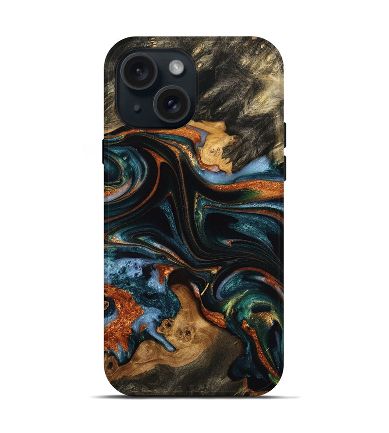 iPhone 15 Wood Live Edge Phone Case - Dwain (Teal & Gold, 732365)