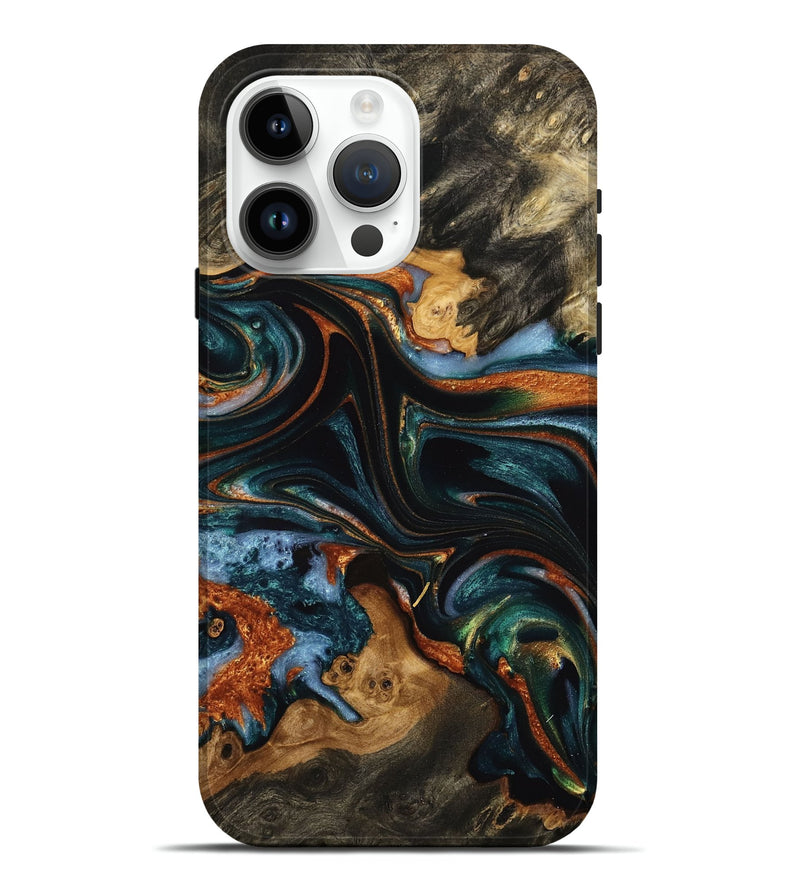 iPhone 15 Pro Max Wood Live Edge Phone Case - Dwain (Teal & Gold, 732365)