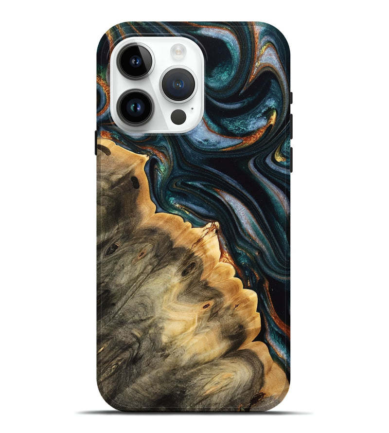 iPhone 15 Pro Max Wood Live Edge Phone Case - Otto (Teal & Gold, 732367)