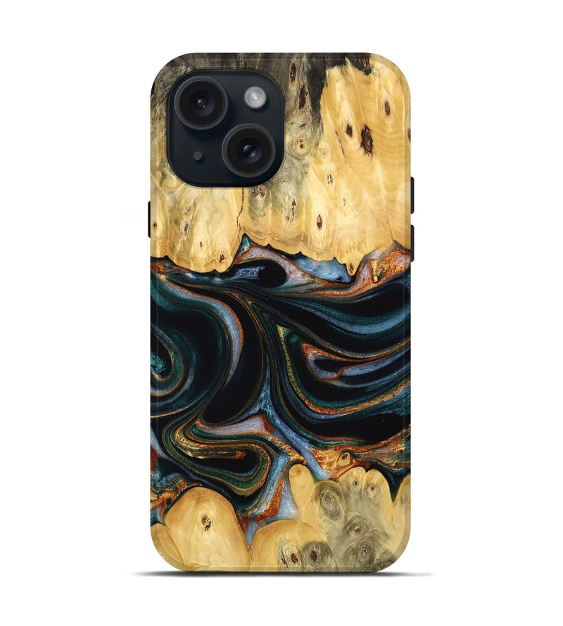 iPhone 15 Wood Live Edge Phone Case - Yaakov (Teal & Gold, 732368)