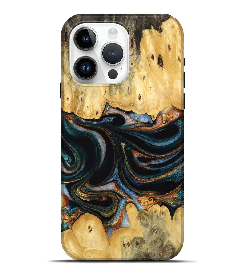 iPhone 15 Pro Max Wood Live Edge Phone Case - Yaakov (Teal & Gold, 732368)