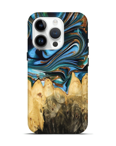 iPhone 15 Pro Wood Live Edge Phone Case - Henery (Teal & Gold, 732370)