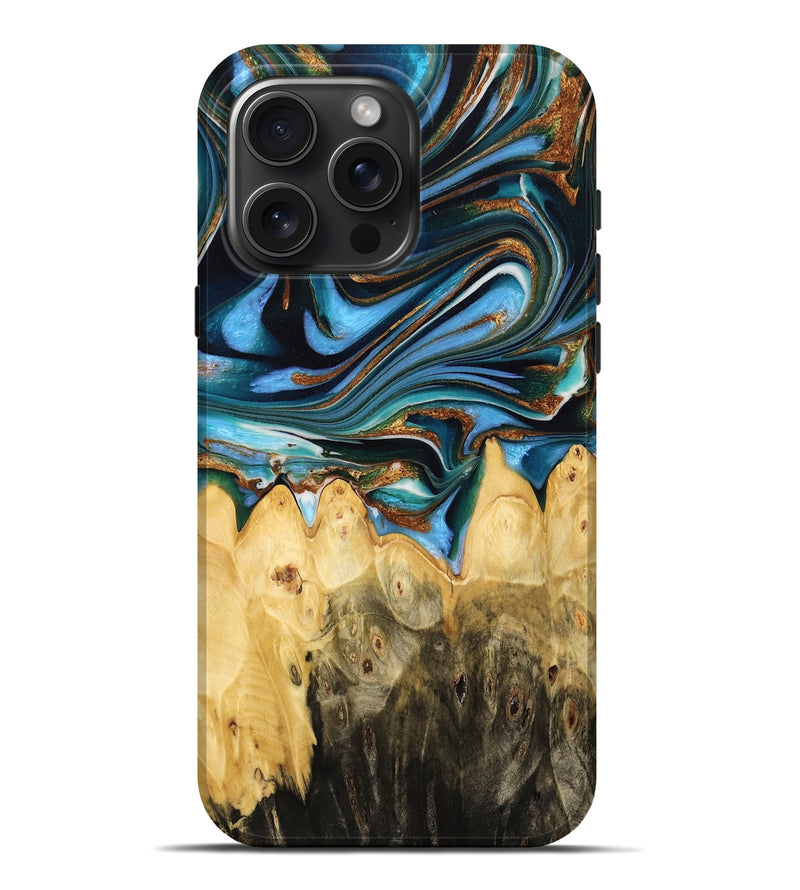 iPhone 16 Pro Max Wood Live Edge Phone Case - Henery (Teal & Gold, 732370)