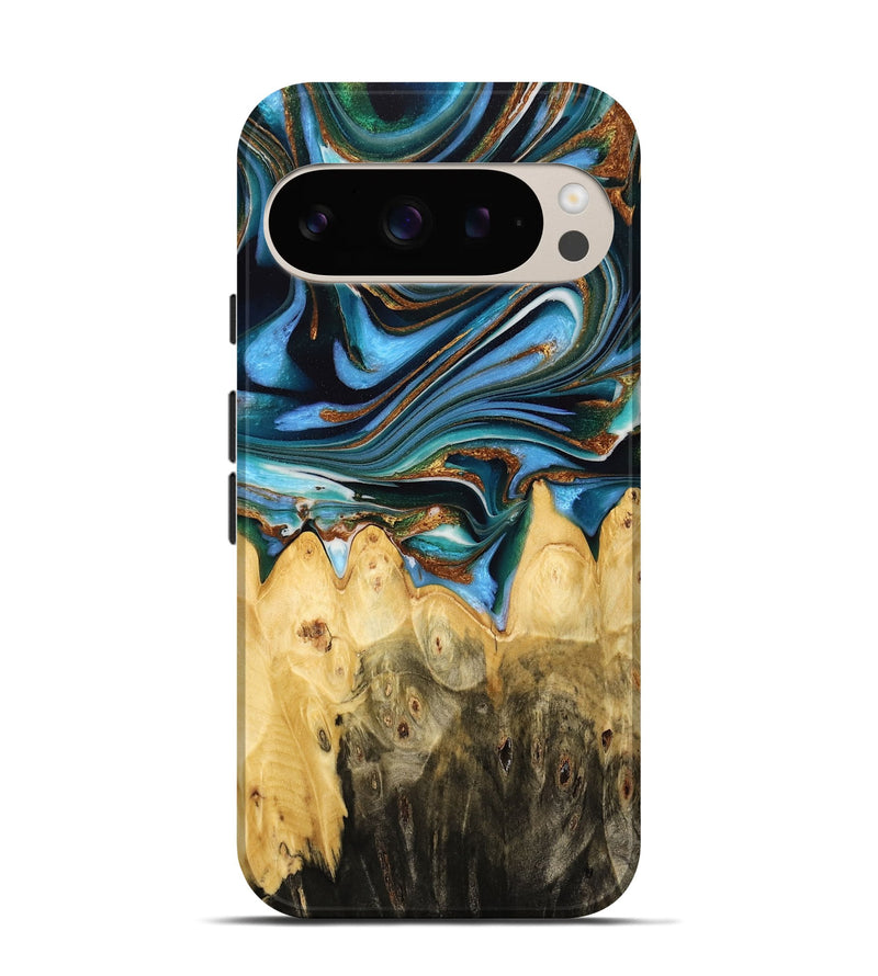 Pixel 9 Wood Live Edge Phone Case - Henery (Teal & Gold, 732370)