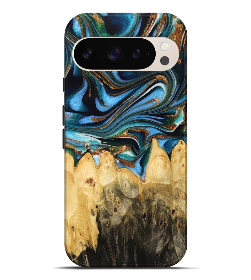 Pixel 9 Pro XL Wood Live Edge Phone Case - Henery (Teal & Gold, 732370)