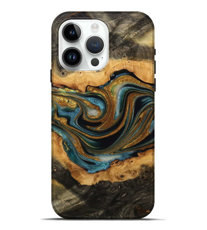 iPhone 15 Pro Max Wood Live Edge Phone Case - Moises (Teal & Gold, 732373)