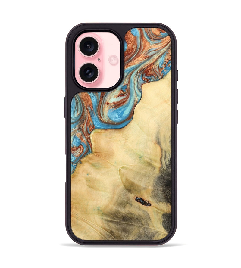 iPhone 16 Wood Phone Case - Coreen (Teal & Gold, 732416)