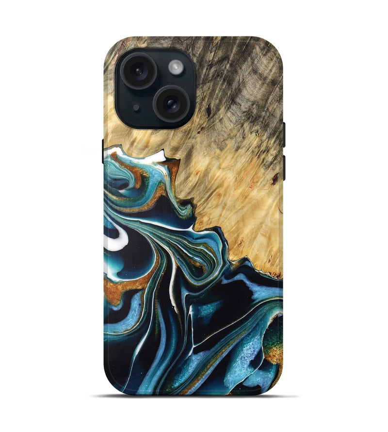 iPhone 15 Wood Live Edge Phone Case - Anton (Teal & Gold, 732523)