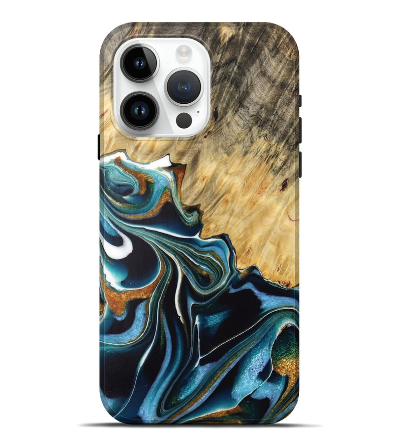 iPhone 15 Pro Max Wood Live Edge Phone Case - Anton (Teal & Gold, 732523)