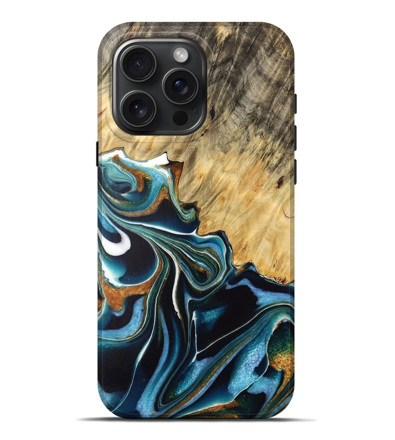 iPhone 16 Pro Max Wood Live Edge Phone Case - Anton (Teal & Gold, 732523)