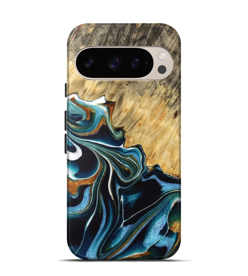 Pixel 9 Wood Live Edge Phone Case - Anton (Teal & Gold, 732523)