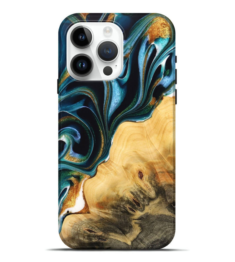 iPhone 15 Pro Max Wood Live Edge Phone Case - Arvid (Teal & Gold, 732546)