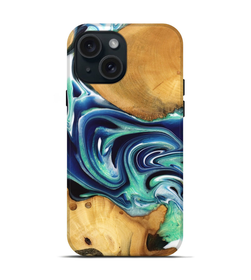 iPhone 15 Wood Live Edge Phone Case - Jaman (Blue, 732551)