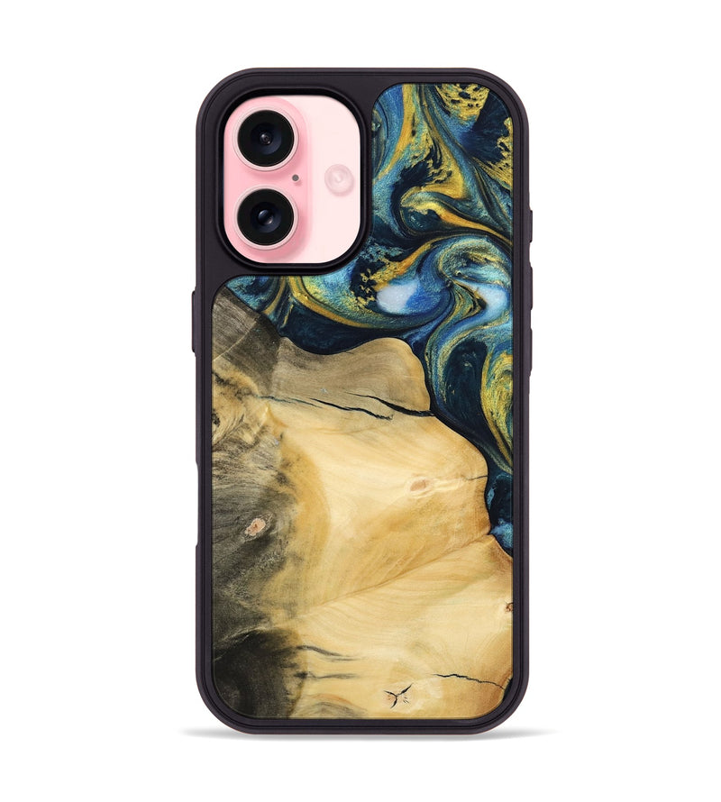 iPhone 16 Wood Phone Case - Trilby (Teal & Gold, 732572)