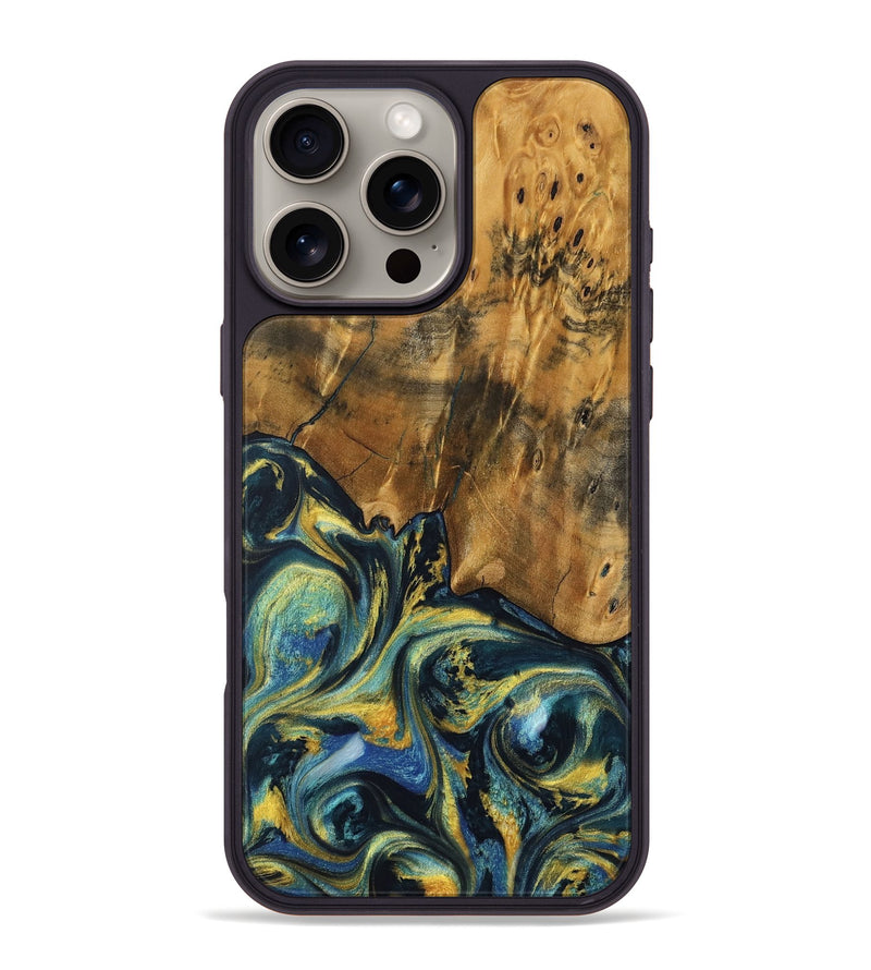 iPhone 16 Pro Max Wood Phone Case - Landan (Teal & Gold, 732577)