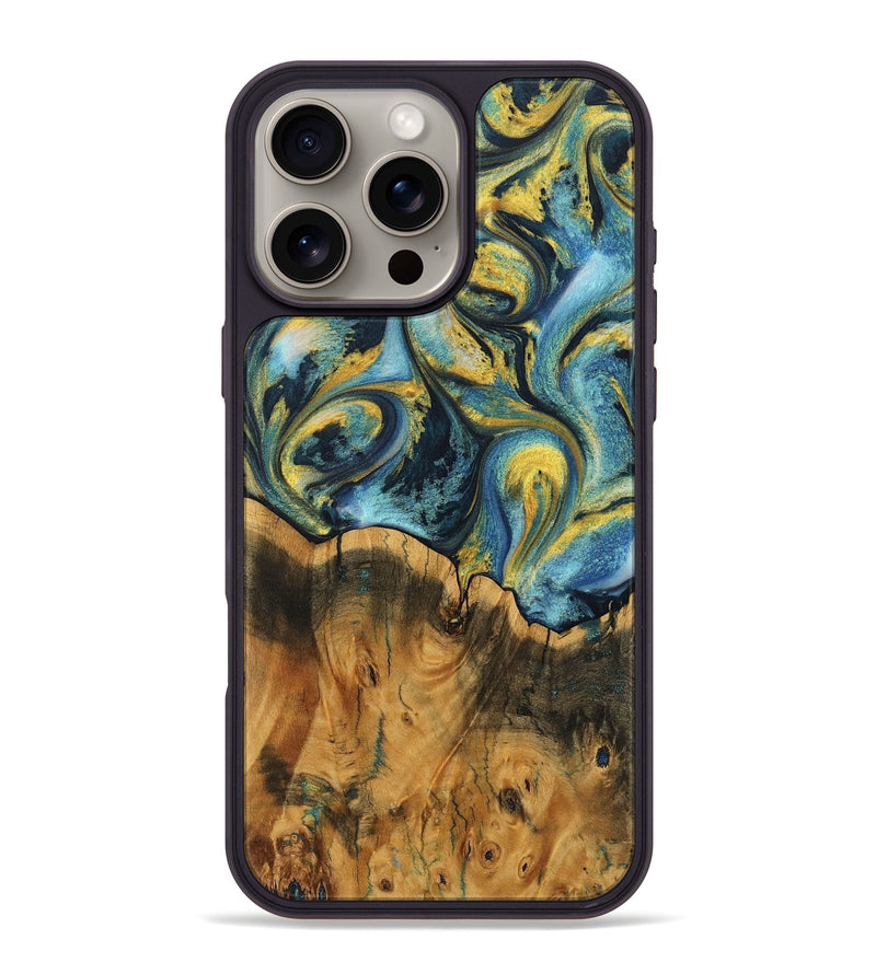 iPhone 16 Pro Max Wood Phone Case - Saskia (Teal & Gold, 732580)