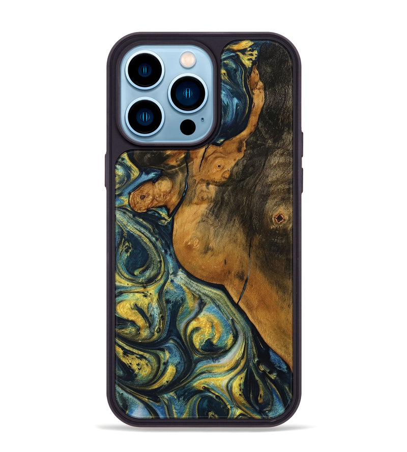 iPhone 14 Pro Max Wood Phone Case - Mistie (Teal & Gold, 732581)