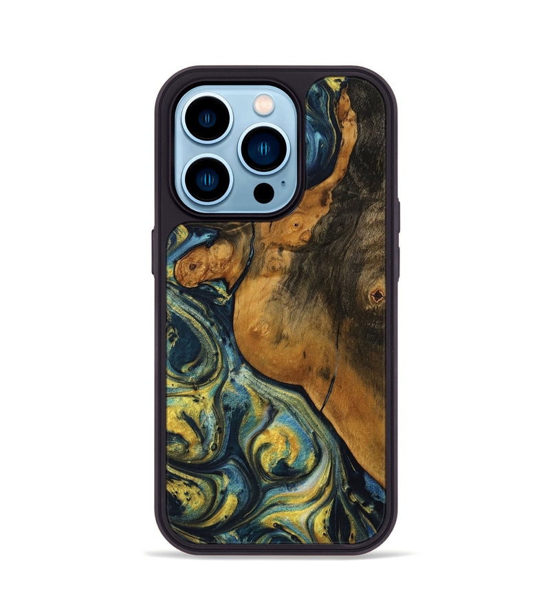 iPhone 14 Pro Wood Phone Case - Mistie (Teal & Gold, 732581)