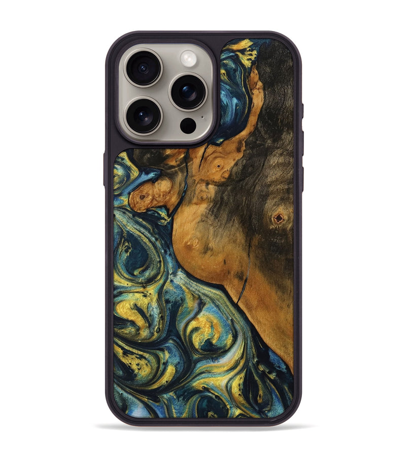 iPhone 15 Pro Max Wood Phone Case - Mistie (Teal & Gold, 732581)