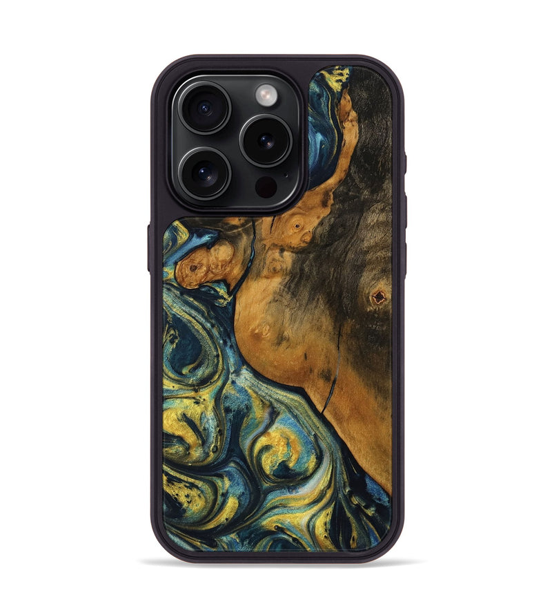 iPhone 15 Pro Wood Phone Case - Mistie (Teal & Gold, 732581)