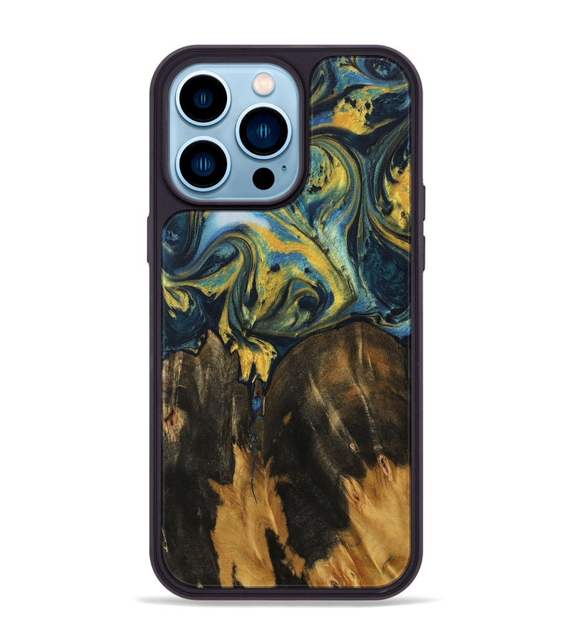 iPhone 14 Pro Max Wood Phone Case - Debera (Teal & Gold, 732589)