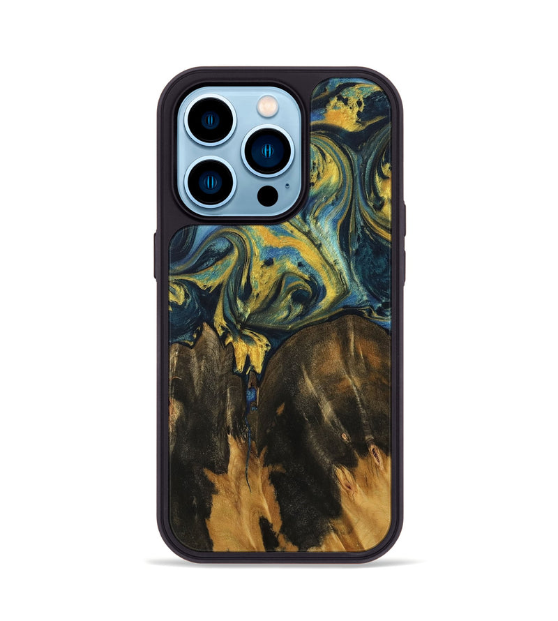 iPhone 14 Pro Wood Phone Case - Debera (Teal & Gold, 732589)