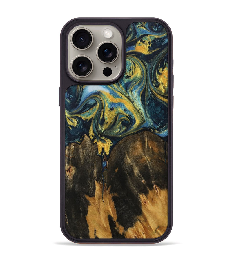 iPhone 15 Pro Max Wood Phone Case - Debera (Teal & Gold, 732589)