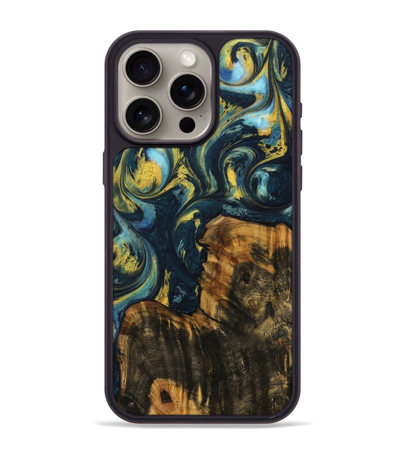 iPhone 15 Pro Max Wood Phone Case - Javed (Teal & Gold, 732608)