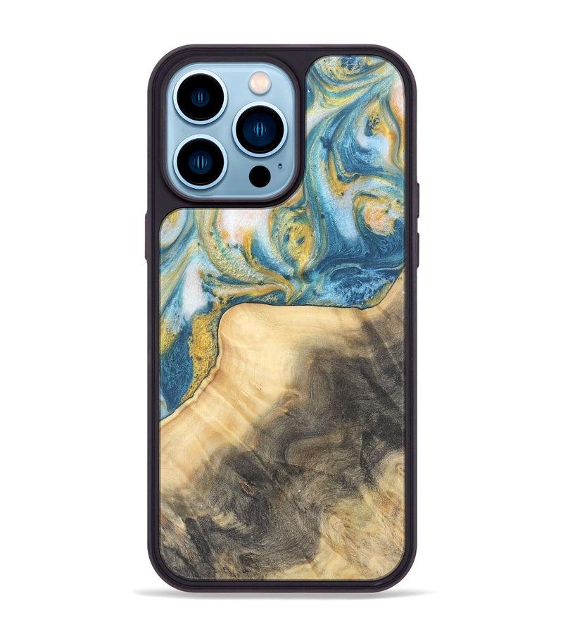 iPhone 14 Pro Max Wood Phone Case - Benni (Teal & Gold, 732941)