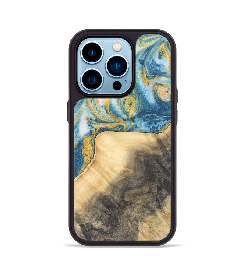 iPhone 14 Pro Wood Phone Case - Benni (Teal & Gold, 732941)