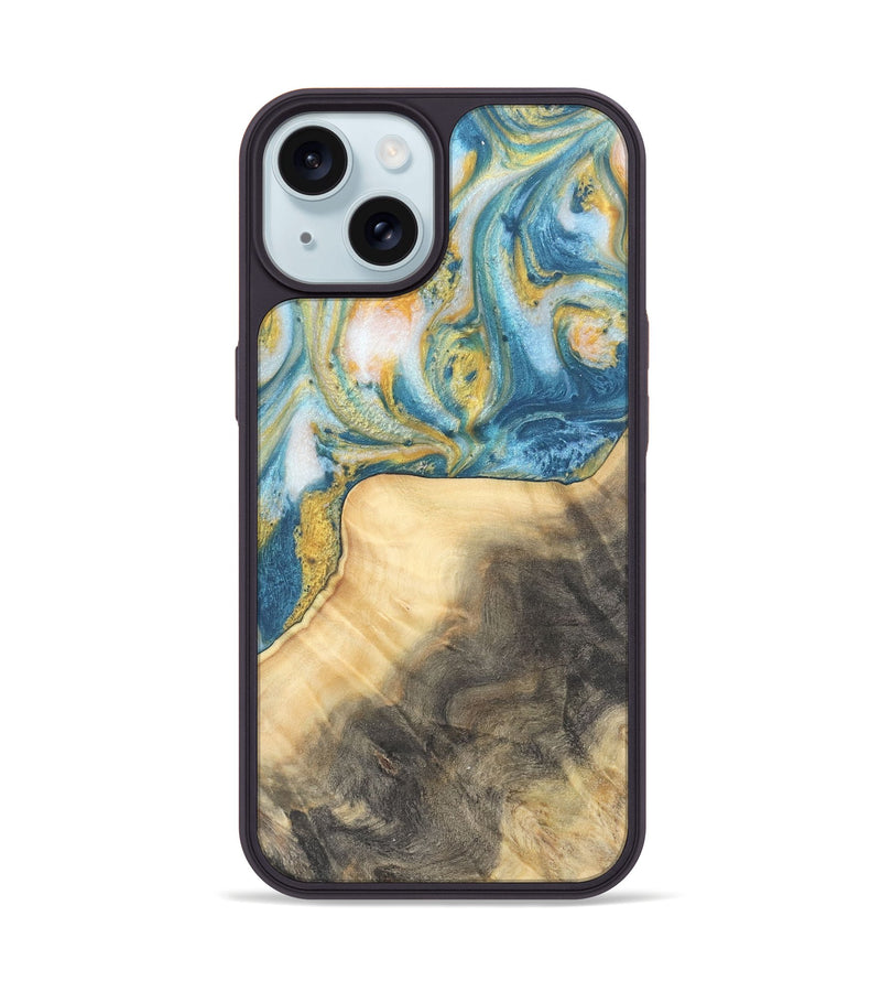 iPhone 15 Wood Phone Case - Benni (Teal & Gold, 732941)