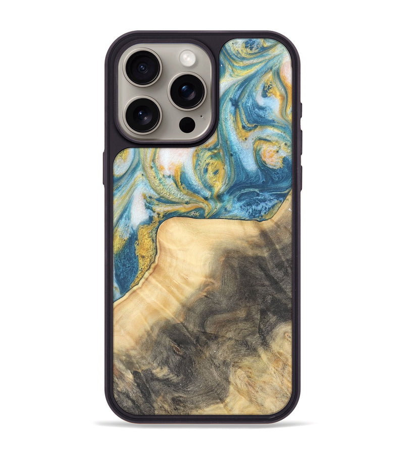 iPhone 15 Pro Max Wood Phone Case - Benni (Teal & Gold, 732941)