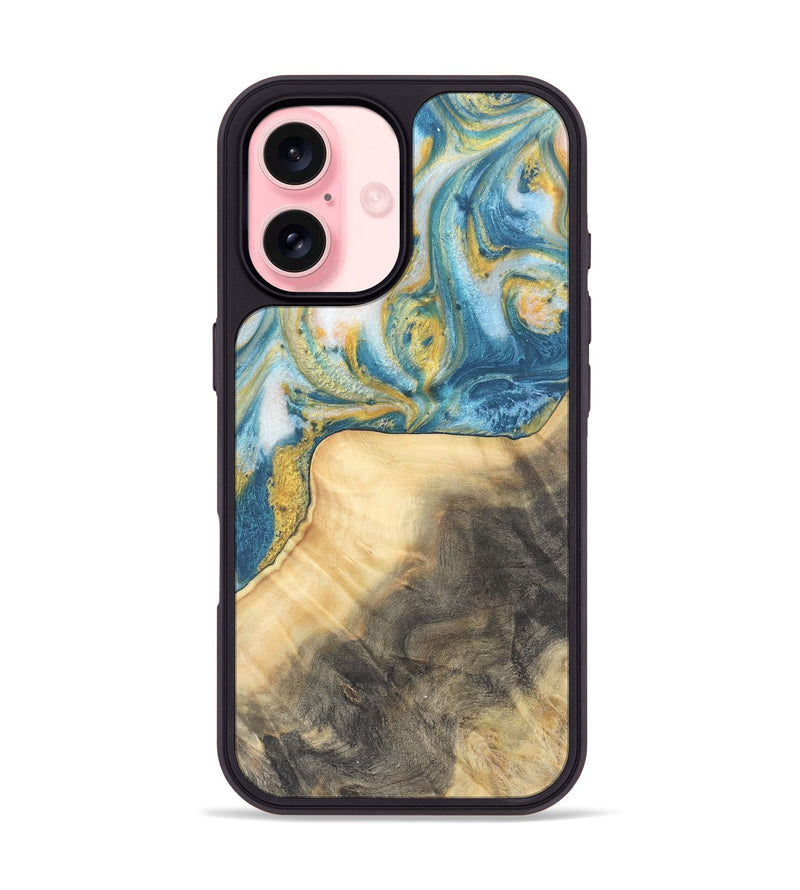 iPhone 16 Wood Phone Case - Benni (Teal & Gold, 732941)