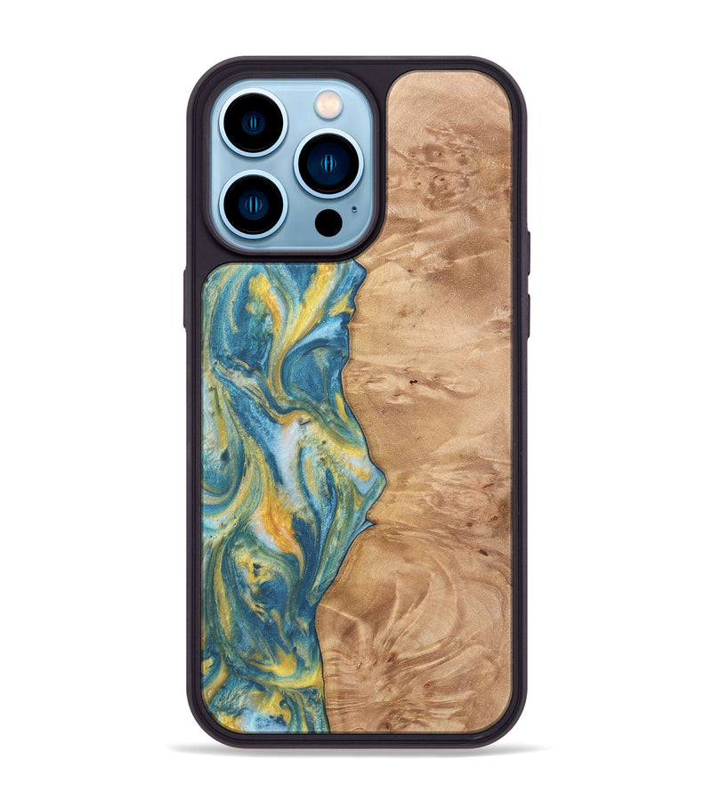 iPhone 14 Pro Max Wood Phone Case - Partha (Teal & Gold, 732957)