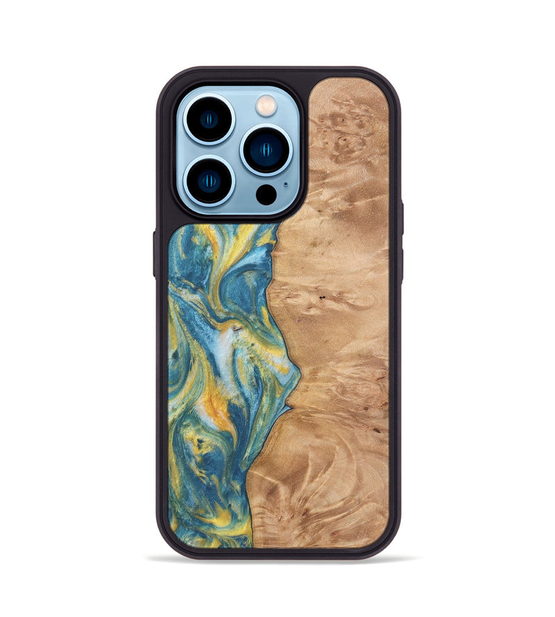 iPhone 14 Pro Wood Phone Case - Partha (Teal & Gold, 732957)