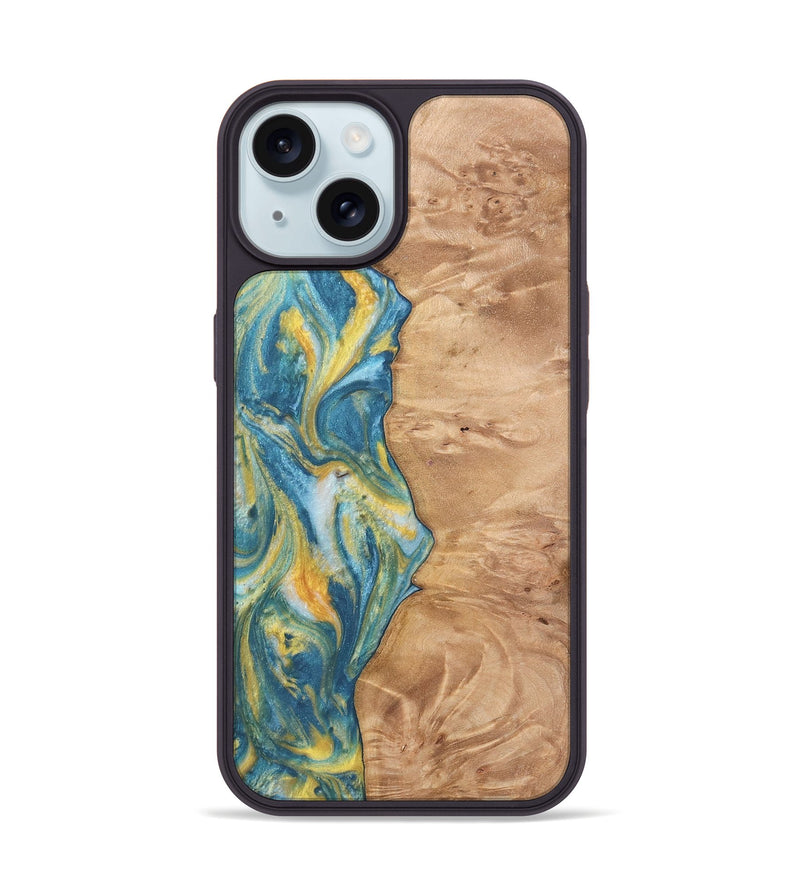 iPhone 15 Wood Phone Case - Partha (Teal & Gold, 732957)