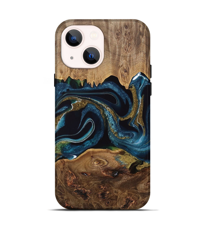 iPhone 14 Wood Live Edge Phone Case - Tineke (Teal & Gold, 733037)