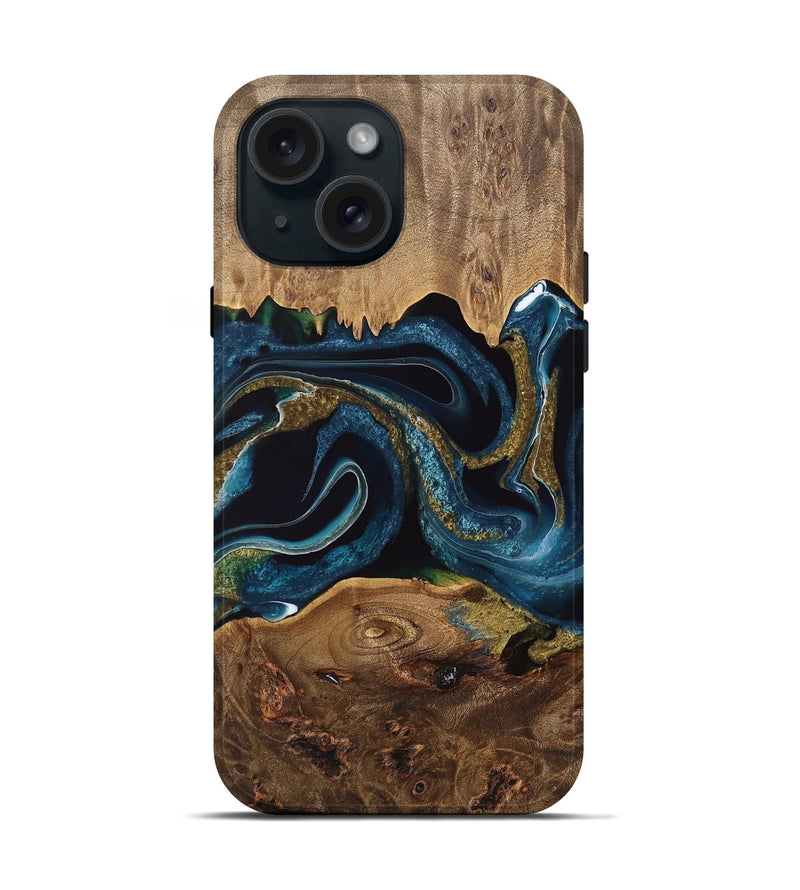 iPhone 15 Wood Live Edge Phone Case - Tineke (Teal & Gold, 733037)