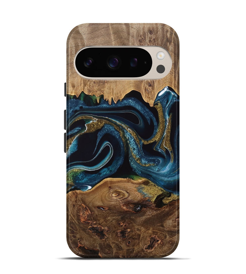 Pixel 9 Wood Live Edge Phone Case - Tineke (Teal & Gold, 733037)