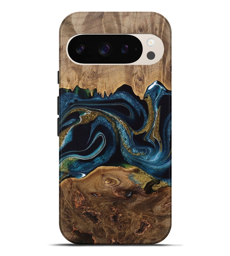 Pixel 9 Pro XL Wood Live Edge Phone Case - Tineke (Teal & Gold, 733037)