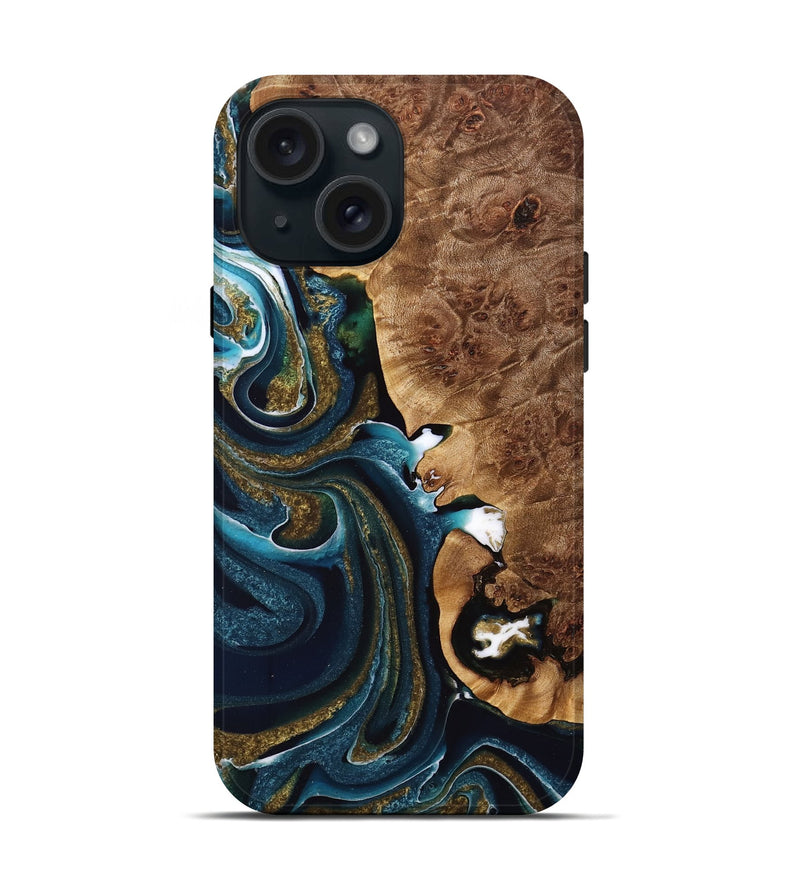 iPhone 15 Wood Live Edge Phone Case - Jacque (Teal & Gold, 733040)