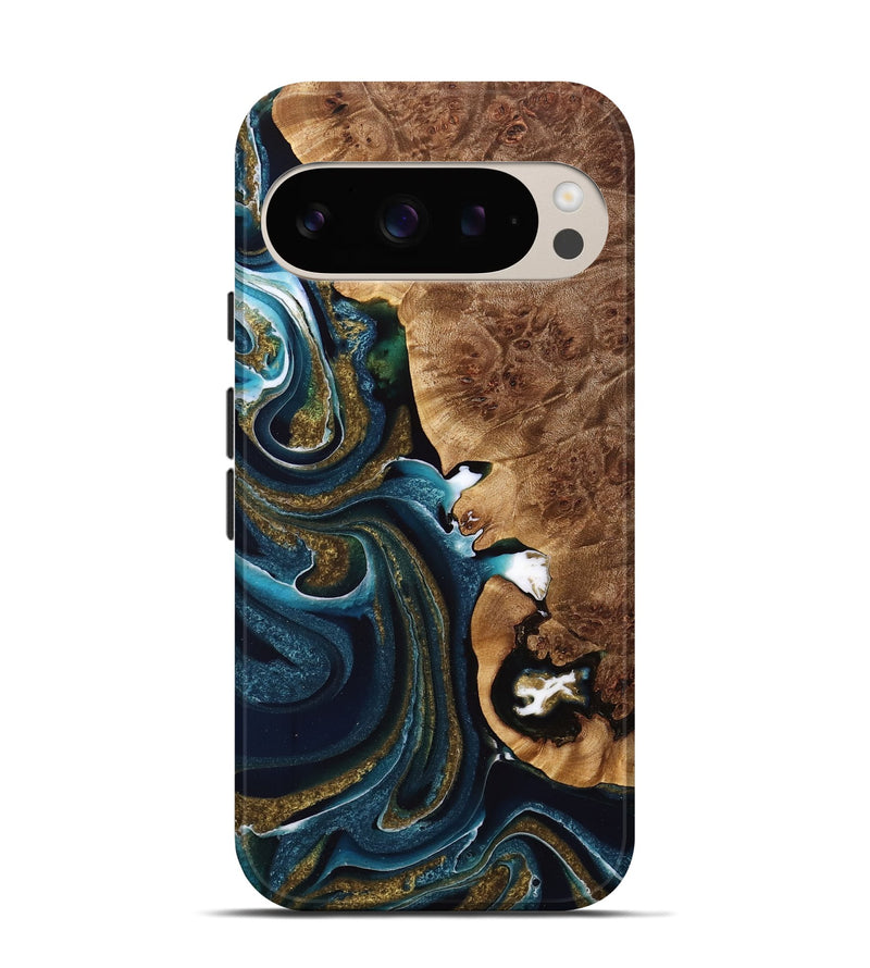 Pixel 9 Wood Live Edge Phone Case - Jacque (Teal & Gold, 733040)