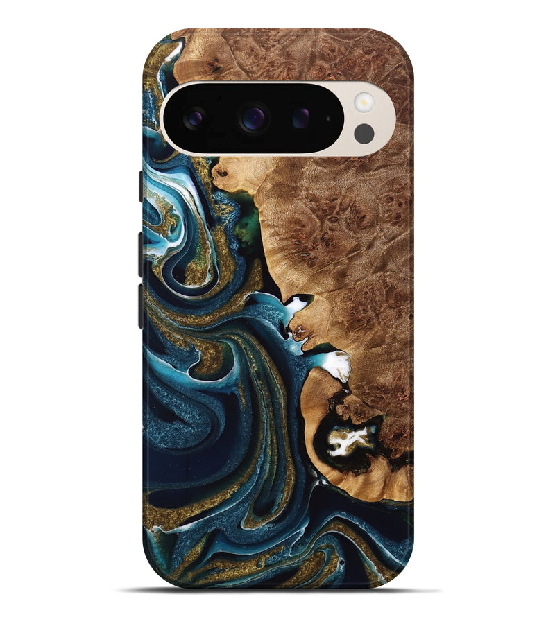 Pixel 9 Pro XL Wood Live Edge Phone Case - Jacque (Teal & Gold, 733040)