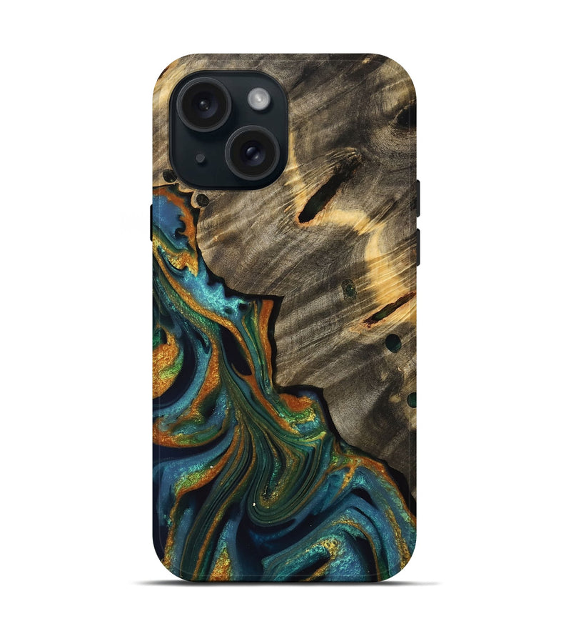 iPhone 15 Wood Live Edge Phone Case - Emelyne (Teal & Gold, 733042)