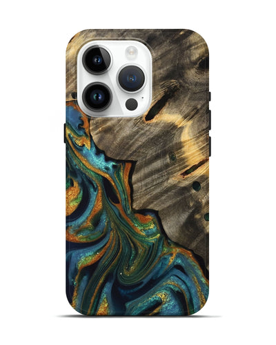 iPhone 15 Pro Wood Live Edge Phone Case - Emelyne (Teal & Gold, 733042)