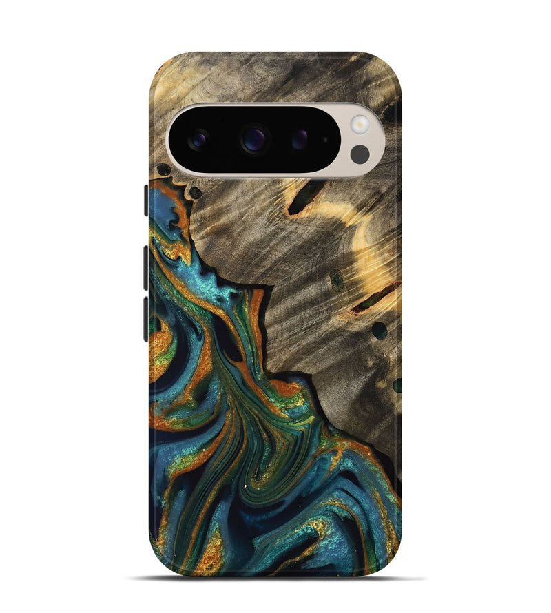 Pixel 9 Wood Live Edge Phone Case - Emelyne (Teal & Gold, 733042)