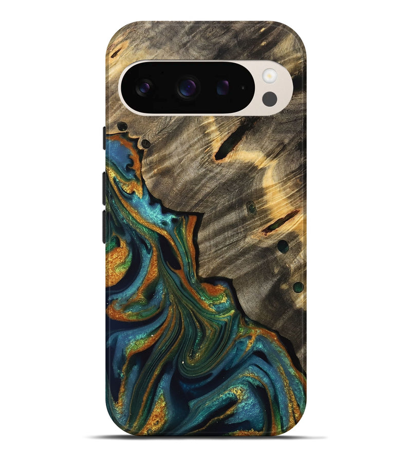 Pixel 9 Pro XL Wood Live Edge Phone Case - Emelyne (Teal & Gold, 733042)