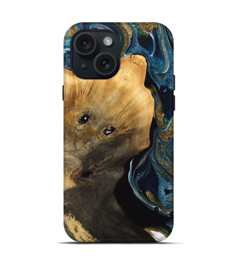 iPhone 15 Wood Live Edge Phone Case - Tommie (Teal & Gold, 733048)